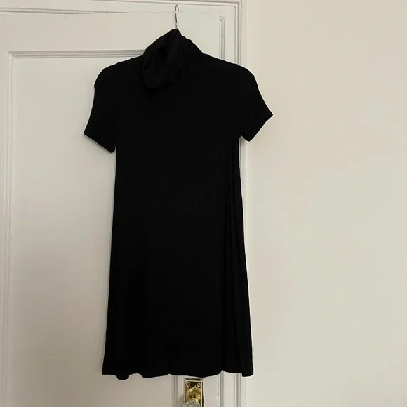black short sleeve turtleneck dress Zip Up Short Sleeve Shift Dress Black